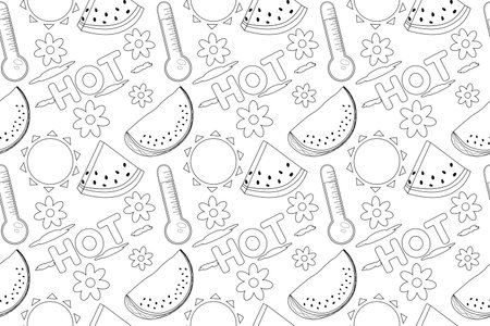 Printable summer-themed coloring page featuring watermelons, suns, thermometers, and the word HOT. Ideal for children and adults.のイラスト素材