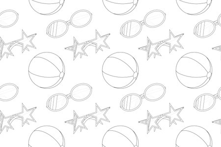 A playful summer-themed coloring page featuring beach balls and sunglasses. Perfect for children and adults to color and enjoy.のイラスト素材