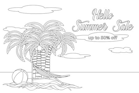 Detailed coloring page illustration featuring palm trees, hammock, beach ball, and a summer sale banner. Perfect for summer-themed coloring activities.のイラスト素材