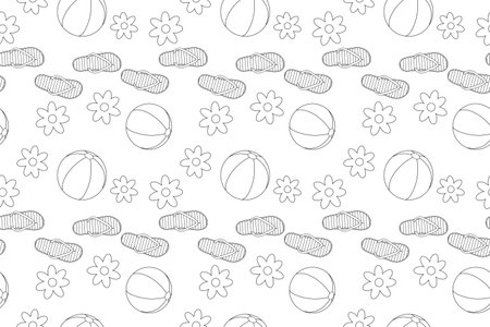 Fun summer beach-themed coloring page featuring flip-flops, beach balls, and flowers. Perfect for children and adults to enjoy.のイラスト素材