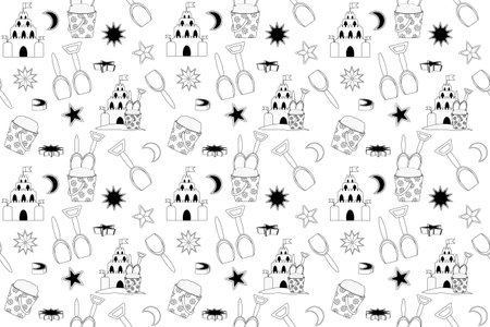 Bright and colorful vector pattern featuring beach elements like flip-flops, umbrellas, and suns. Perfect for summer-themed designs.のイラスト素材