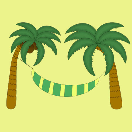 Vector illustration of two palm trees with a hammock. Perfect for summer, beach, and tropical-themed designs.のイラスト素材
