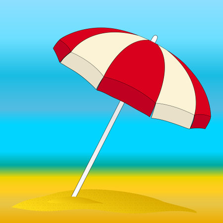 Illustration of a red and white beach umbrella in the sand against a bright blue sky. Perfect for summer-themed designs and projects.のイラスト素材