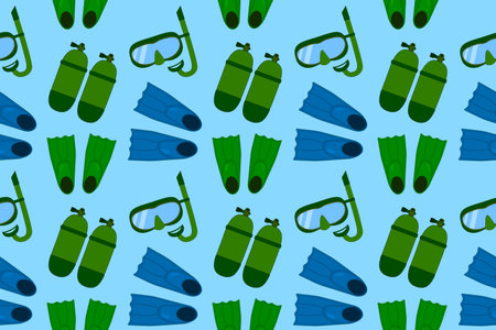 Seamless vector pattern featuring various diving gear such as flippers, snorkels, and tanks. Perfect for summer, travel, and aquatic designs.のイラスト素材