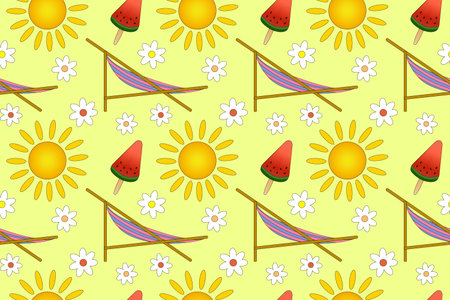 Bright and cheerful seamless vector pattern with summer elements like sun, hammock, and ice cream....