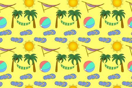 Vibrant summer pattern featuring beach balls, palm trees, hammocks, flip flops, and suns. Perfect for seasonal designs and backgrounds.のイラスト素材