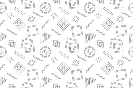 A Memphis style retro coloring page featuring geometric shapes like crosses, squares, and circles. Perfect for creative and fun design projects.のイラスト素材