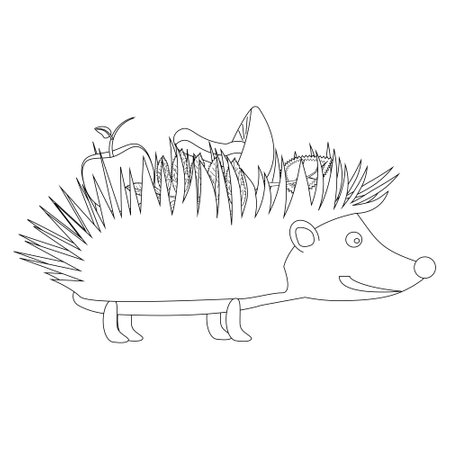 Autumn hedgehog with apple, fall leaves and mushroom, fall. Cute fall coloring pages for kids. Vector contour drawingのイラスト素材