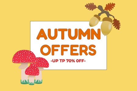 Autumn sale banner featuring mushrooms and acorns. Perfect for promoting seasonal discounts and offers in a vibrant fall theme.のイラスト素材