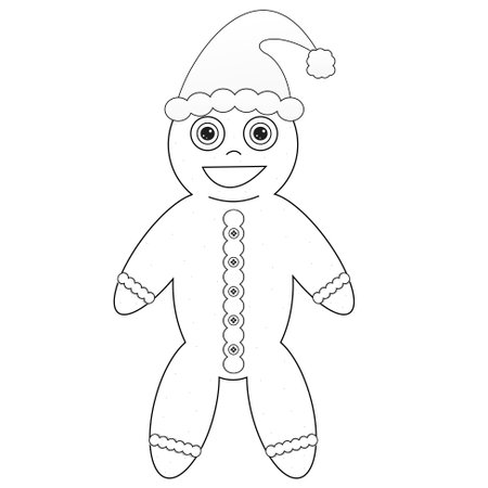 Childrens coloring books. A gingerbread man in a Christmas red hat, Christmas. Vector black and white drawingのイラスト素材