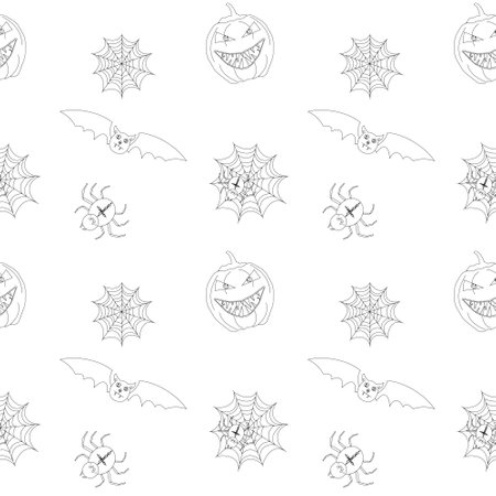 Fun Halloween-themed coloring page featuring pumpkins, bats, spiders, and webs. Perfect for kids activities and spooky fun.のイラスト素材