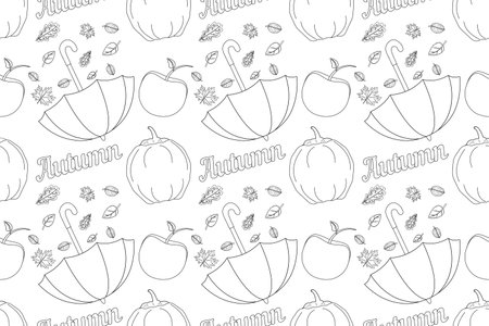 Delight in this autumn-themed coloring page featuring umbrellas, pumpkins, apples, and leaves. Perfect for seasonal creativity.のイラスト素材