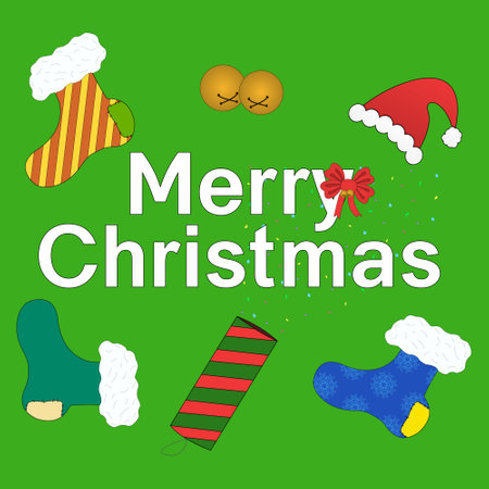Festive Merry Christmas illustration with holiday stockings, a Santa hat, and bells on a green background. Perfect for holiday greetings.のイラスト素材