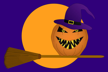 Spooky Halloween vector featuring a grinning pumpkin with a witches hat riding a broomstick in front of a full moon. Perfect for festive designs and promotions.のイラスト素材