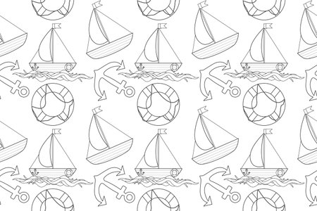 Fun nautical-themed coloring page pattern featuring boats, anchors, and lifebuoys. Perfect for kids activities and creative coloring fun.のイラスト素材
