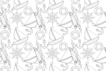 A nautical-themed coloring page pattern featuring sailboats, anchors, life buoys, and ship wheels. Perfect for kids creative activities.のイラスト素材