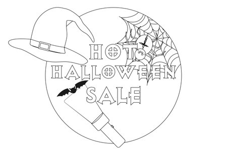 Fun and spooky Halloween sale coloring page featuring a witch hat, spider, and bat. Perfect for kids and adults to enjoy during the Halloween season.のイラスト素材