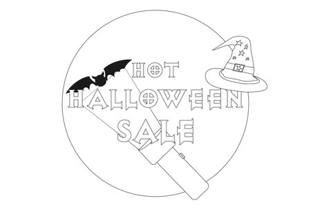 Spooky and fun Halloween sale coloring page featuring a witch hat, bat, and flashlight. Perfect for kids and adults to enjoy during the Halloween season.のイラスト素材