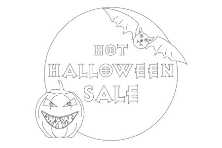 Color a spooky Halloween scene with a grinning pumpkin and flying bat. Perfect for creative holiday fun and decoration.のイラスト素材