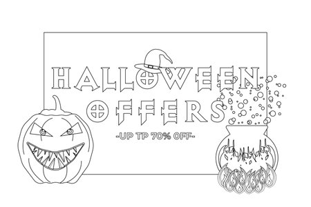 A Halloween-themed coloring page featuring a pumpkin, cauldron, and Halloween Offers sign. Perfect for festive coloring activities.のイラスト素材