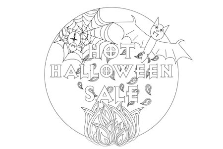 Spooky Halloween-themed coloring page featuring a spider, bat, and flames around a Hot Halloween Sale sign. Perfect for festive activities.のイラスト素材
