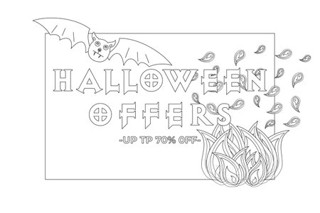 A fun and engaging Halloween coloring page featuring a sale banner with a bat and flames. Perfect for kids to color during the Halloween season.のイラスト素材