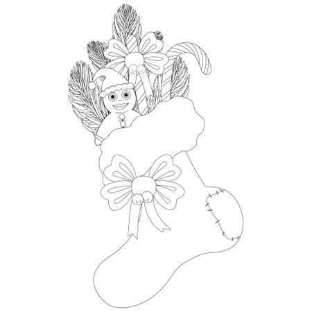 Christmas stocking coloring page filled with festive items, perfect for kids and adults to enjoy holiday creativity.のイラスト素材
