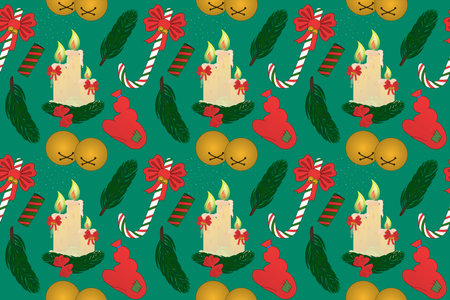 Seamless Christmas pattern with candles, candy canes, and festive decor elements. Perfect for...