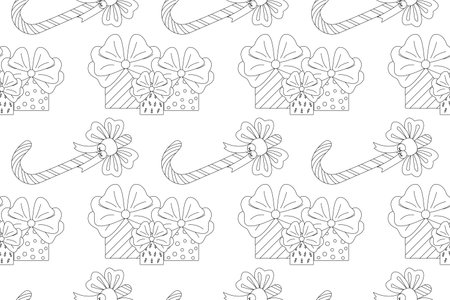 Festive Christmas coloring page featuring gifts and candy canes. Perfect for kids and adults to enjoy and color during the holiday season.のイラスト素材