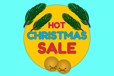Festive Christmas sale banner featuring pine branches, jingle bells, and bold text. Ideal for holiday promotions and seasonal advertising.のイラスト素材