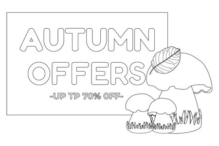 Autumn-themed coloring page with mushrooms and a sales banner. Perfect for seasonal promotions and kids activities.のイラスト素材