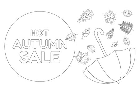 Detailed autumn-themed coloring page featuring an umbrella with leaves and a Hot Autumn Sale sign. Ideal for seasonal activities.のイラスト素材