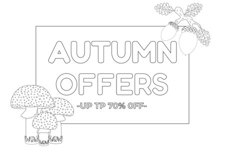 Printable autumn-themed coloring page featuring mushrooms, acorns, and a sale banner. Ideal for children and seasonal promotions.のイラスト素材