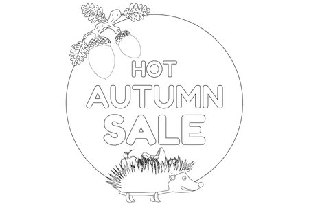 Detailed autumn sale coloring page featuring a cute hedgehog and acorns. Perfect for kids and adults to enjoy coloring seasonal themes.のイラスト素材
