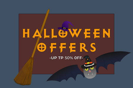 Spooky Halloween-themed vector illustration featuring a witches hat, broom, and bat promoting a special Halloween sale.のイラスト素材