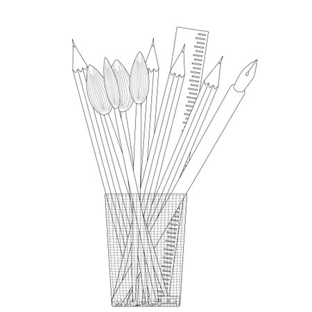 Black and white outline of a stationery holder filled with pencils, ruler, and other items, perfect for back-to-school coloring activities.のイラスト素材