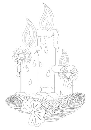Intricate Christmas candle coloring page with festive decorations. Perfect for kids and adults to enjoy creative holiday fun.のイラスト素材