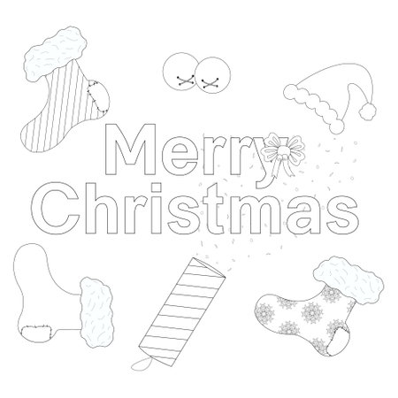 A festive Christmas coloring page featuring stockings, Santa hat, jingle bells, and a holiday message. Perfect for holiday crafts and activities.のイラスト素材