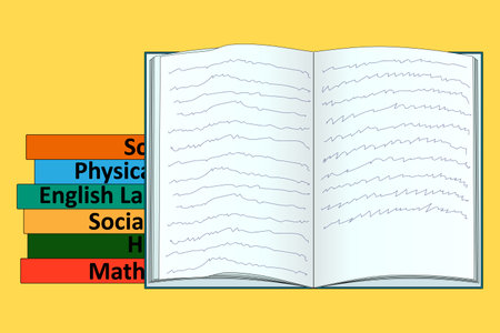 Colorful stack of school books with an open book in the center. Ideal for back-to-school themes, educational materials, and library designs.のイラスト素材