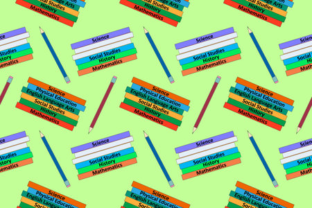 Seamless vector pattern featuring stacks of books labeled with school subjects and pencils. Perfect for educational and school-themed designs.のイラスト素材