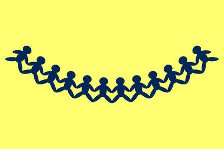 Illustration of a paper cutout human chain, perfect for back to school themes, teamwork, collaboration, and educational projects.のイラスト素材