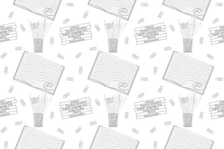 A seamless black-and-white pattern with notebooks, pencils, paperclips, and books. Perfect for back-to-school coloring activities for kids.のイラスト素材
