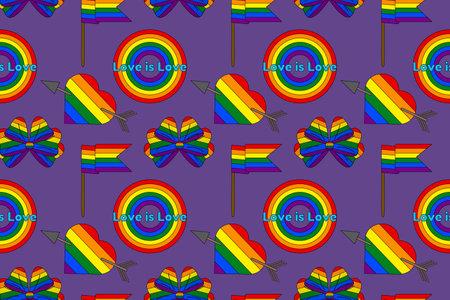A collection of LGBT-themed vector icons, including rainbow hearts, flags, bows, and circles with the phrase Love is Love. Symbols of pride and diversity.のイラスト素材