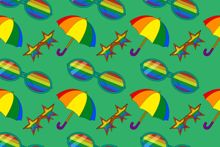 Bright and fun rainbow-themed sunglasses and umbrellas. Ideal for LGBT pride events and celebrations of love and diversity.のイラスト素材
