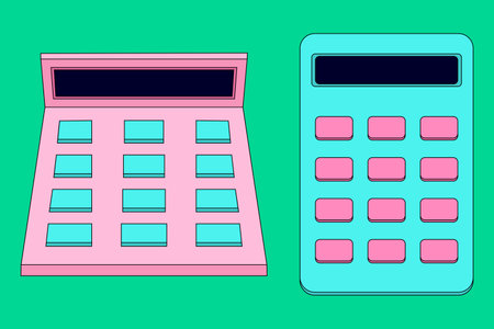 Colorful cartoon-style calculators, ideal for back-to-school projects, educational materials, or digital designs.のイラスト素材
