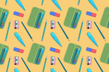 Seamless vector pattern featuring school supplies like pencil cases, pens, pencils, erasers, and sharpeners. Perfect for back-to-school themes.のイラスト素材