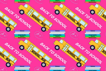 Fun back-to-school pattern featuring school buses, books, and educational elements on a pink background. Perfect for educational designs.のイラスト素材