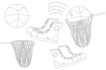 Fun basketball-themed back-to-school coloring page with sneakers, hoops, and a ball. Great for creative classroom activities.のイラスト素材
