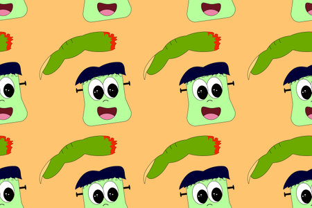 Playful Halloween seamless pattern featuring cute Frankenstein faces and creepy severed fingers. Ideal for festive designs and kids projects.のイラスト素材
