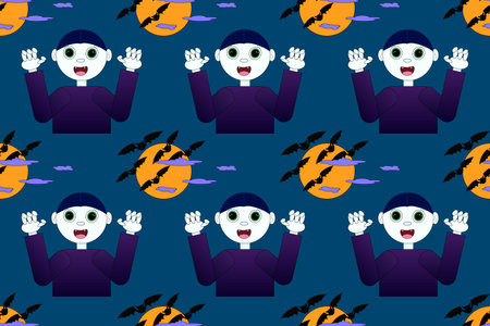 Seamless pattern with a cute cartoon vampire, bats, and moon. Great for Halloween designs, spooky decorations, and themed projects.のイラスト素材